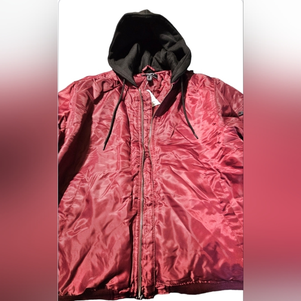 Mens Burgundy Forever 21Bomber jacket w black cotton hood. Brand New. Size XXL